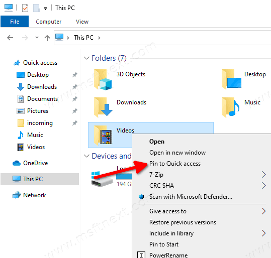 Pin Folder to Quick Access in Windows 10 File Explorer