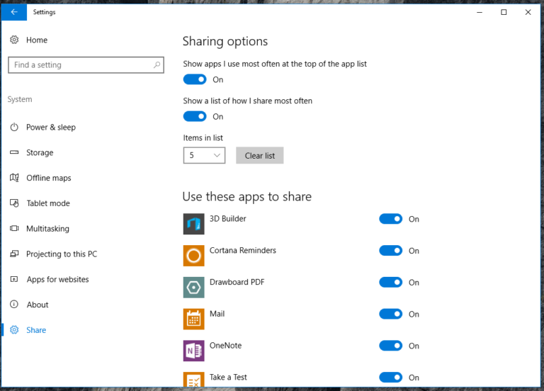 Hidden Share page in Settings enable in Windows 10