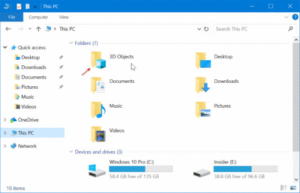 Remove 3D Objects from This PC in Windows 10