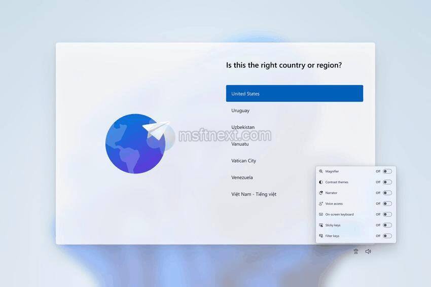 Country or Region screen